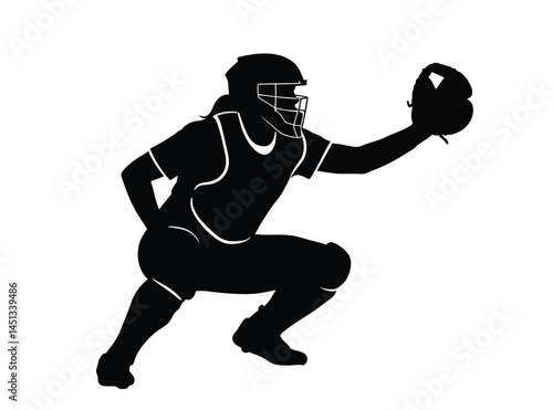 Softball catcher silhouette. This image shows a softball catcher in a crouched position, wearing protective gear including a helmet, mask, and glove. Vector clipart illustration design.