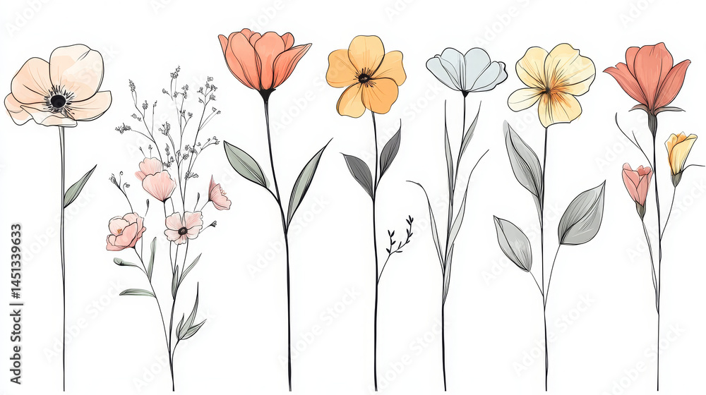 Naklejka premium Pastel Floral Line Art – Flowers Arranged Horizontally on White