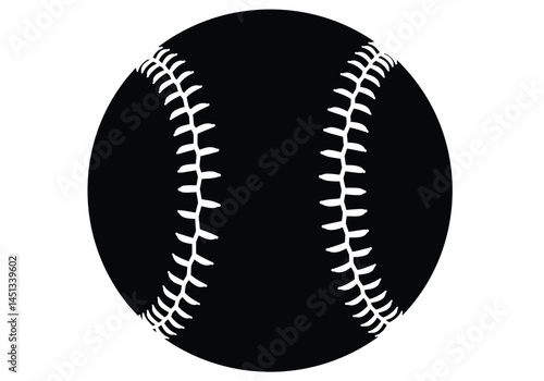 Softball silhouette. This image shows a black silhouette of a softball with white stitching, resembling a baseball. Vector clipart illustration design.