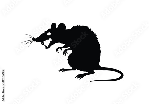 Scary rat silhouette. This image shows a black silhouette of a rat with sharp teeth and claws, creating a creepy and eerie effect. Vector clipart illustration design.