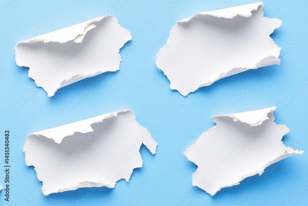 Fototapeta premium Ripped white paper pieces on blue background