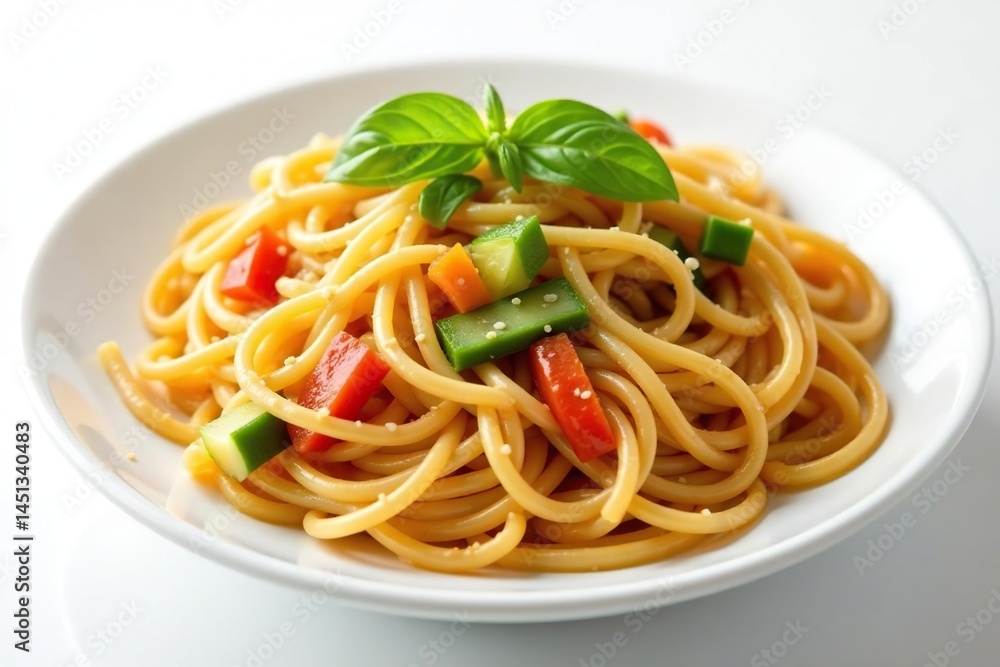 Stir-fried noodles with vegetables on white background, healthy, dish Stir-fried noodles with vegetables on white background, healthy, dish