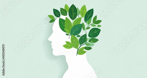 Conceptual illustration of a person holding a head silhouette filled with leaves and nature, representing mental healing