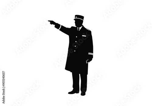 Train conductor silhouette. This image shows a train conductor silhouette pointing in a direction, wearing a uniform with a hat and holding a small object. Vector clipart illustration design.