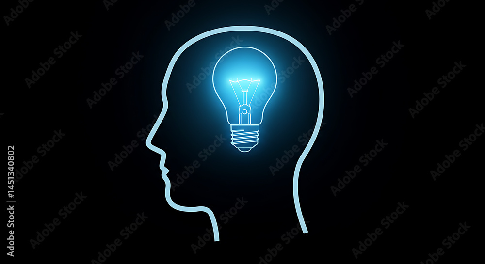 Head with a glowing light bulb inside. Representing new ideas, innovation, thought, and inspiration. Brainstorming creativity, and solutions. Head with a glowing light bulb inside. Representing new ideas, innovation, thought, and inspiration. Brainstorming creativity, and solutions.