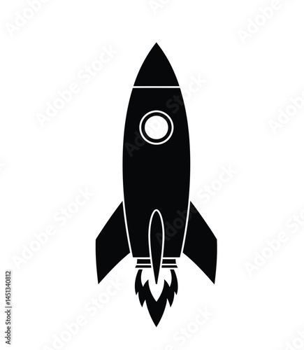 Rocket silhouette. A black design of a rocket, known as a spaceship or space shuttle, featuring a window, fins, and flame indicating thrust and propulsion.  clipart illustration design.