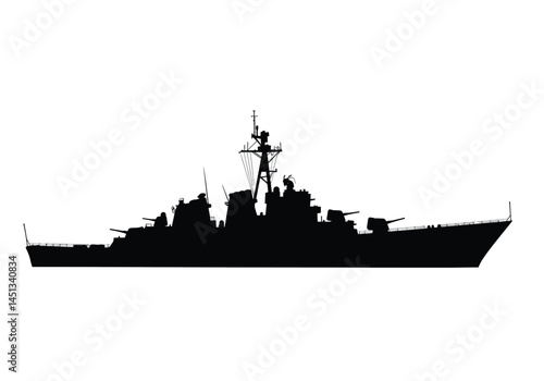 Destroyer silhouette. This image shows the silhouette of a destroyer ship, also known as a warship or naval vessel. Vector clipart illustration design.