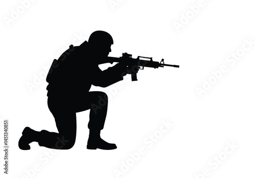 Navy seal silhouette. This image shows a soldier in a kneeling position holding a rifle, representing a navy seal or military personnel in a tactical stance. Vector clipart illustration design.