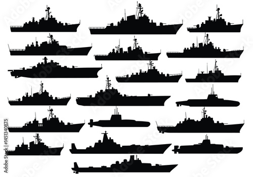 Naval ship silhouettes. This image shows various silhouettes of naval ships, including submarines and warships, depicted in black against a white background. Vector clipart illustration design.