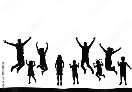Celebration silhouette. This image shows a group of people, including children and adults, jumping with their arms raised in excitement and joy. Vector clipart illustration design.