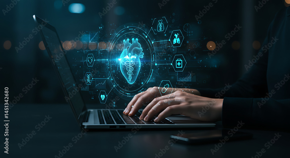 Person using a laptop with a holographic heart interface, representing medical technology and healthcare advancements. Person using a laptop with a holographic heart interface, representing medical technology and healthcare advancements.