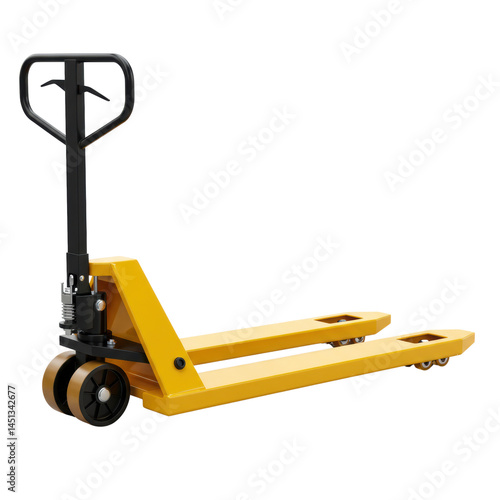 Heavy duty yellow manual pallet jack truck for warehouse and logistics use isolated on a transparent background, png, cutout
