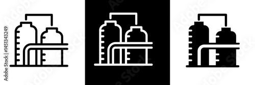 Refinery Industry Chemical Icons Graphic. Plant, Tanks, Production, Processing, Oil Gas Symbols. Outline and Solid Vector Styles