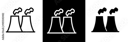 Energy and Power Plant Icons Graphic. Nuclear, Factory, Production, Environment Symbols. Cooling Towers. Outline and Solid Vector Styles