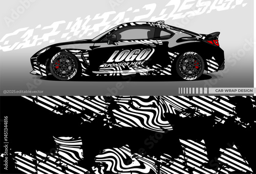 Illustration vector grahic of Car wrap decal with abstract design. black, white colour. Livery car editable. Mockup template sticker vinyl for racing, rally, drift or daily use