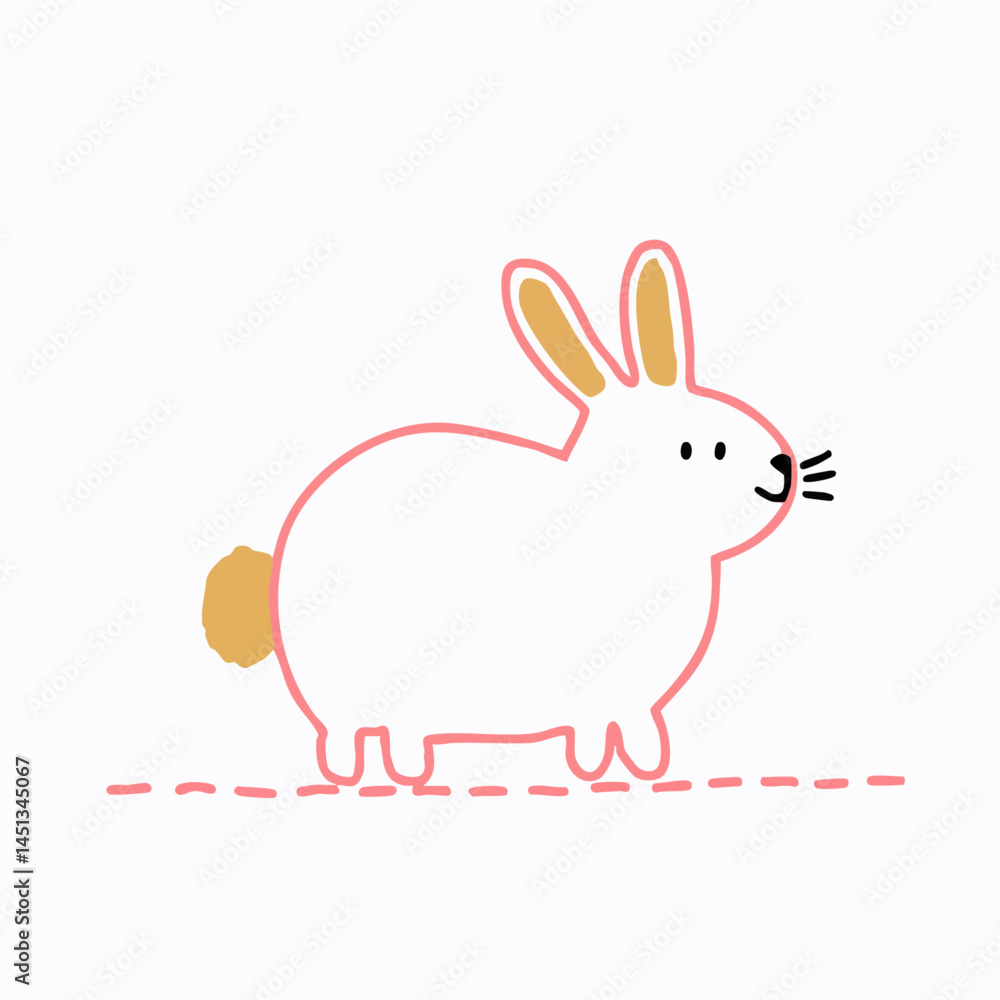 Adorable Flat Vector Illustration of a Cute White Rabbit with Pink Outline and Brown Tail, Standing on a Dotted Line - Minimalist Animal Art with Playful Charm Adorable Flat Vector Illustration of a Cute White Rabbit with Pink Outline and Brown Tail, Standing on a Dotted Line - Minimalist Animal Art with Playful Charm
