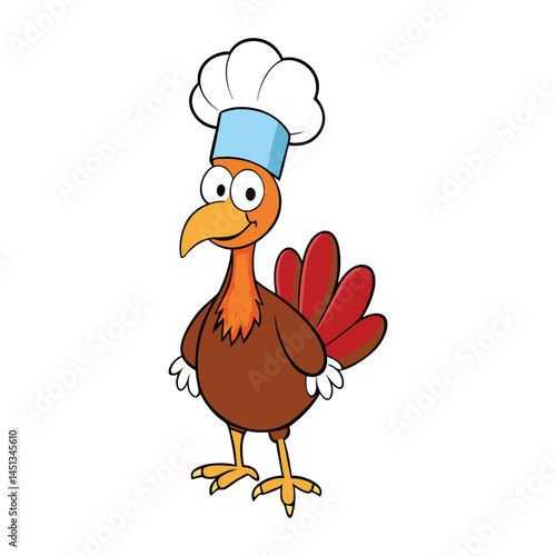 A cheerful turkey bird wearing a tall chef hat, proudly holding a spoon, ready to cook up a feast with a big smile and comical charm—perfect for festive fun!
