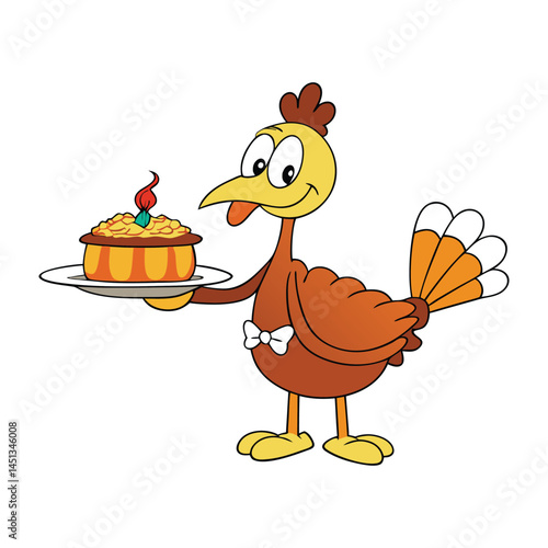 A cheerful turkey wearing a chef hat proudly serves a delicious pumpkin pie on a platter, capturing the festive spirit of Thanksgiving with warmth and humor.

