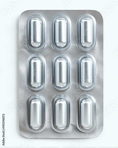 background isolated in white A close up of a plastic blister pack containing metallic capsules, ideal for healthcare, pharmacy, and medication themes.