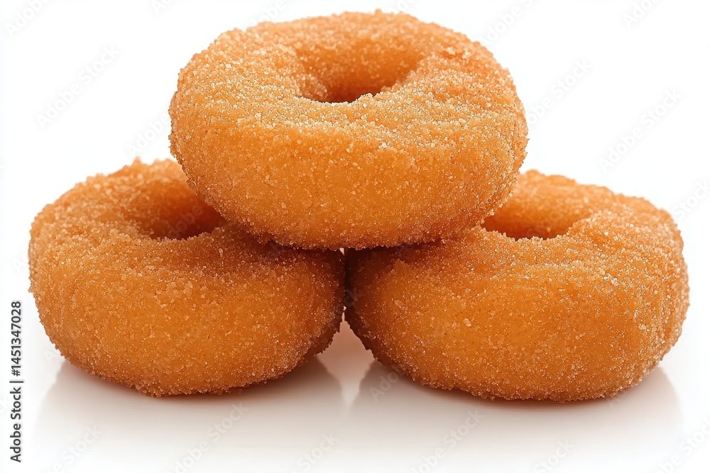 Three fluffy, sugar-coated donuts stacked on a white surface, inviting and delicious Three fluffy, sugar-coated donuts stacked on a white surface, inviting and delicious