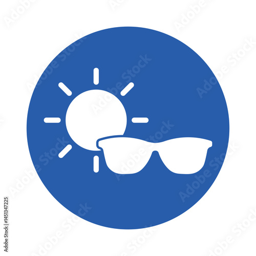 Isolated pictogram icon sun and sunglasses, symbolizing UV protection and eye safety from harmful sunlight exposure.