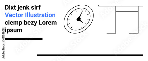 Workspace desk, clock, and text arranged with clean lines and modern styling. Ideal for branding, productivity, modern workspace, time management, communication, minimalism and simple landing page