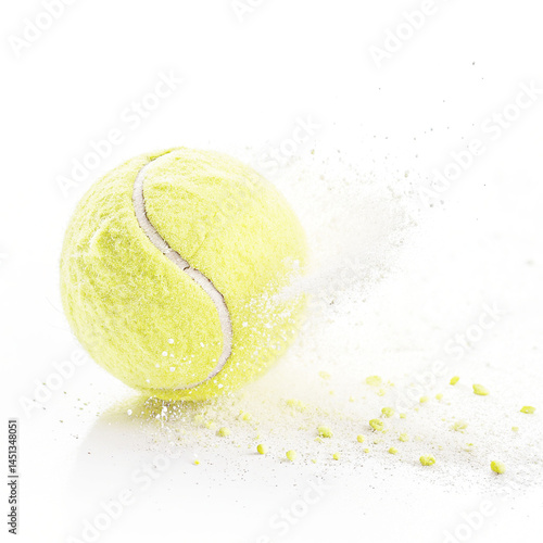 A tennis ball explodes in mid-air, A close-up, high-speed capture of a bright yellow tennis ball bursting through a cloud of white powder, moving endlessly against a clean, white background.
