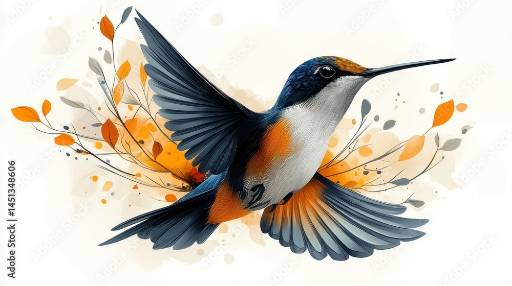 Fototapeta premium Artistic watercolor portrayal of a hummingbird in full flight with botanical elements