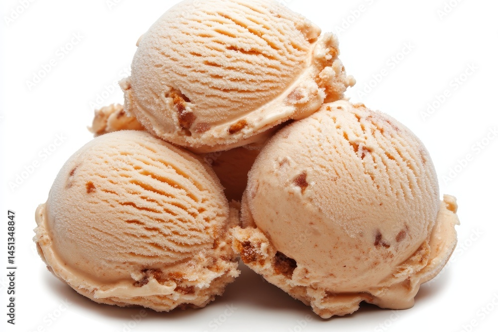 Three scoops of creamy caramel ice cream stacked on a white background, inviting indulgence (1) Three scoops of creamy caramel ice cream stacked on a white background, inviting indulgence (1)