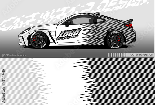 Illustration vector grahic of Car wrap decal with abstract design. black, white colour. Livery car editable. Mockup template sticker vinyl for racing, rally, drift or daily use
