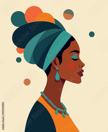 Stylized profile illustration of a woman with a colorful headwrap and jewelry