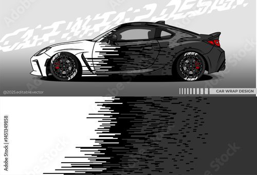 Illustration vector grahic of Car wrap decal with abstract design. black, white colour. Livery car editable. Mockup template sticker vinyl for racing, rally, drift or daily use