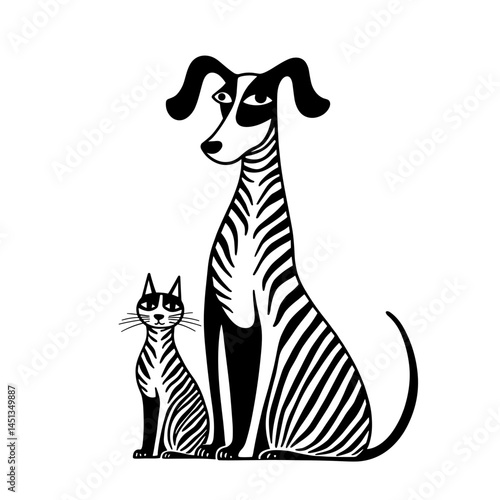 The image features a playful illustration of a dog and a cat, both depicted with bold black and white stripes. The dog is taller and has a friendly expression, while the cat is smaller and also featur