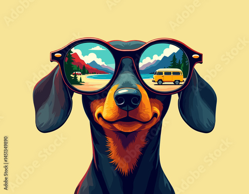 The image features a playful and vibrant illustration of a dachshund dog wearing oversized sunglasses. The reflections in the glasses depict a scenic landscape with mountains, a lake, and a camper van