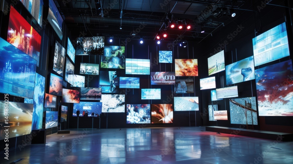 A multimedia video wall with multiple television screens for broadcasting, showcasing dynamic content.
A multimedia video wall with multiple television screens for broadcasting, showcasing dynamic content.