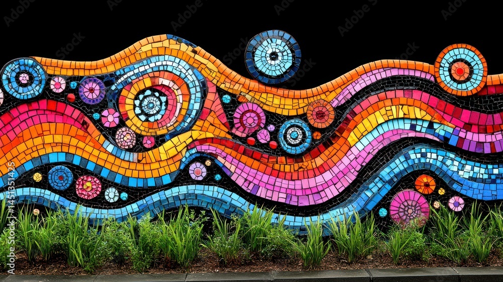 Naklejka premium Vibrant mosaic wall displaying colorful patterns with flowing lines and circles