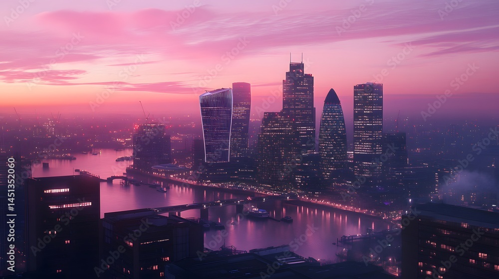 Naklejka premium View of Canary Wharf skyline at dusk