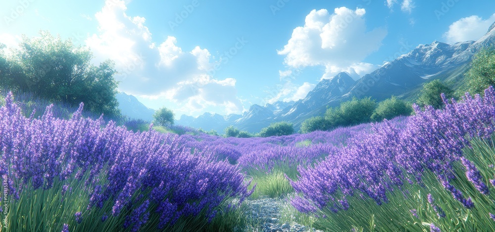 Fototapeta premium Lavender Fields in the Majestic Mountains: A Serene Landscape