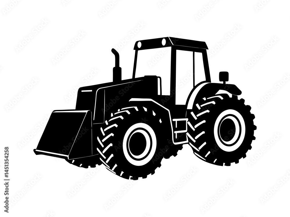 Obraz premium Heavy Duty Front Loader Tractor with Large Tires and Shovel Silhouette Vector Illustration