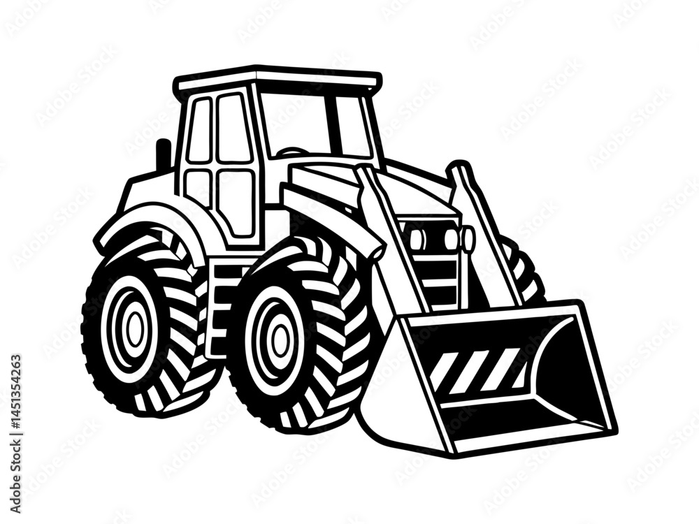 Naklejka premium Heavy Duty Front Loader Tractor with Large Tires and Shovel Silhouette Vector Illustration