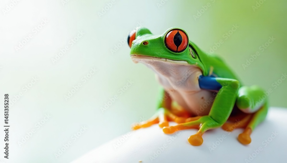 Obraz premium Green tree frog perched on white, vibrant skin, isolated, fauna, eyes