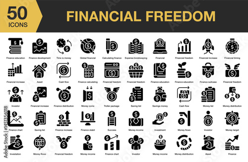 Financial Freedom solid icon set. Includes success, business, wealth, profit, economy, savings, free, and More. Solid icons vector collection.