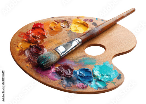 Wooden art palette with colorful oil paint blobs and a paintbrush, isolated on transparent background. Art, Creativity, Painting.