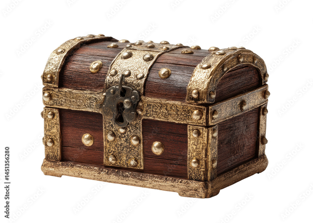 Small wooden chest with brass details and lock, isolated on transparent background. Treasure, mystery, antique. Small wooden chest with brass details and lock, isolated on transparent background. Treasure, mystery, antique.