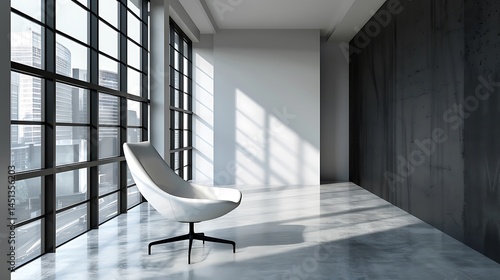 Modern interior scene with sleek armchair and city view from large windows