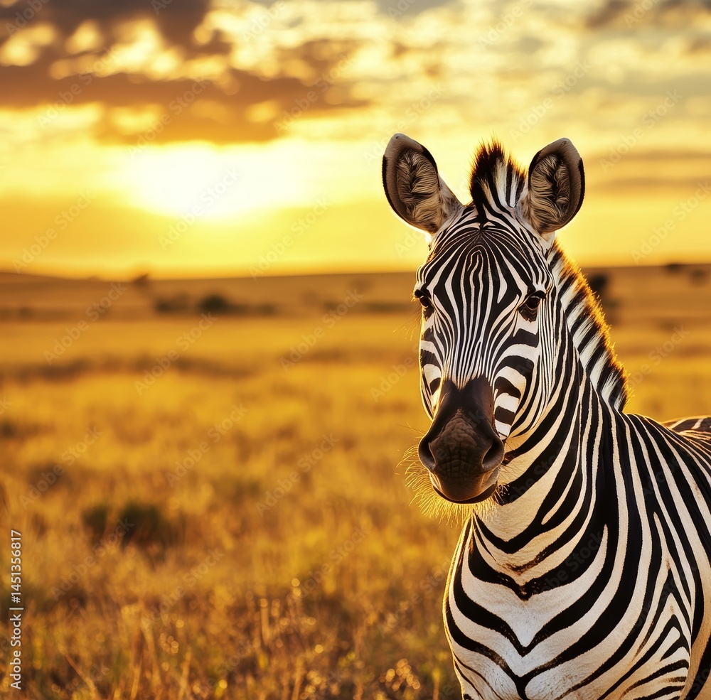 Naklejka premium Majestic zebra portrait at sunset, striking black-white stripes against golden savannah, National Geographic-style wildlife photography