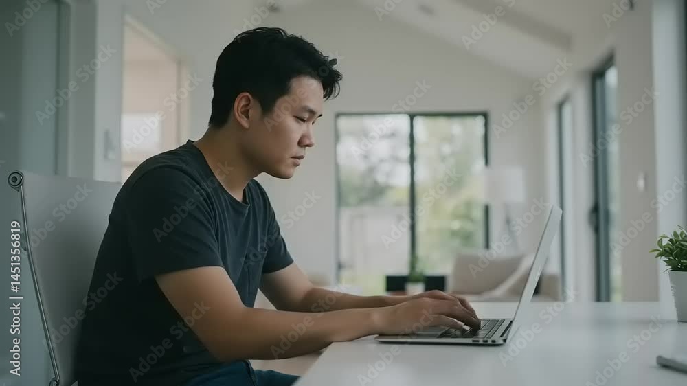 Young man focused on laptop in modern home office with natural light and greenery outside Young man focused on laptop in modern home office with natural light and greenery outside