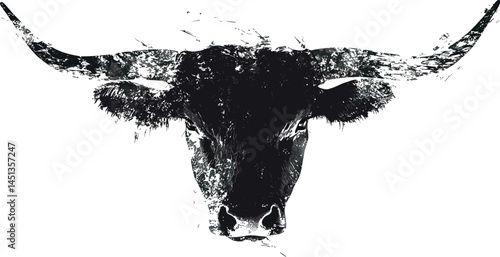 Grunge Black Bull Head Silhouette Art on White Background

