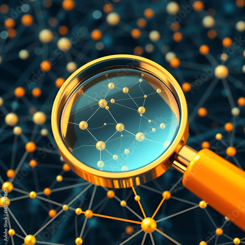 A 3D magnifying glass hovering over a digital network revealing intricate nodes and connections that symbolize the powerful search capabilities of modern technology to uncover obscure and hidden data