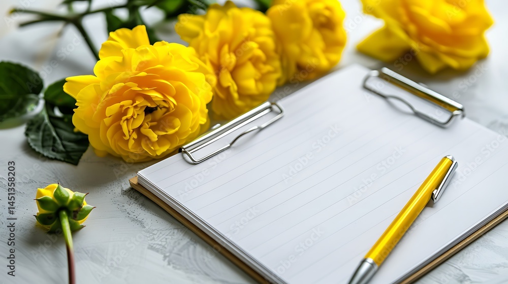 Yellow roses and clipboard on marble background offers a space for creativity Yellow roses and clipboard on marble background offers a space for creativity